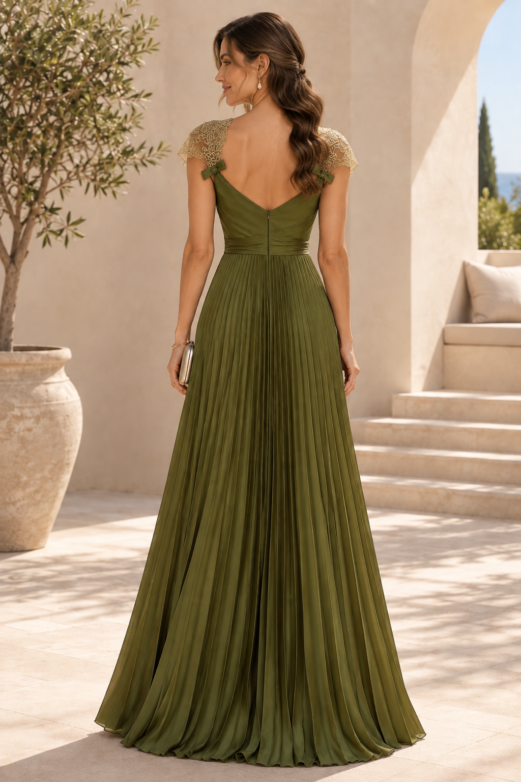 Pleated A-Line Gown with Lace Cap Sleeves