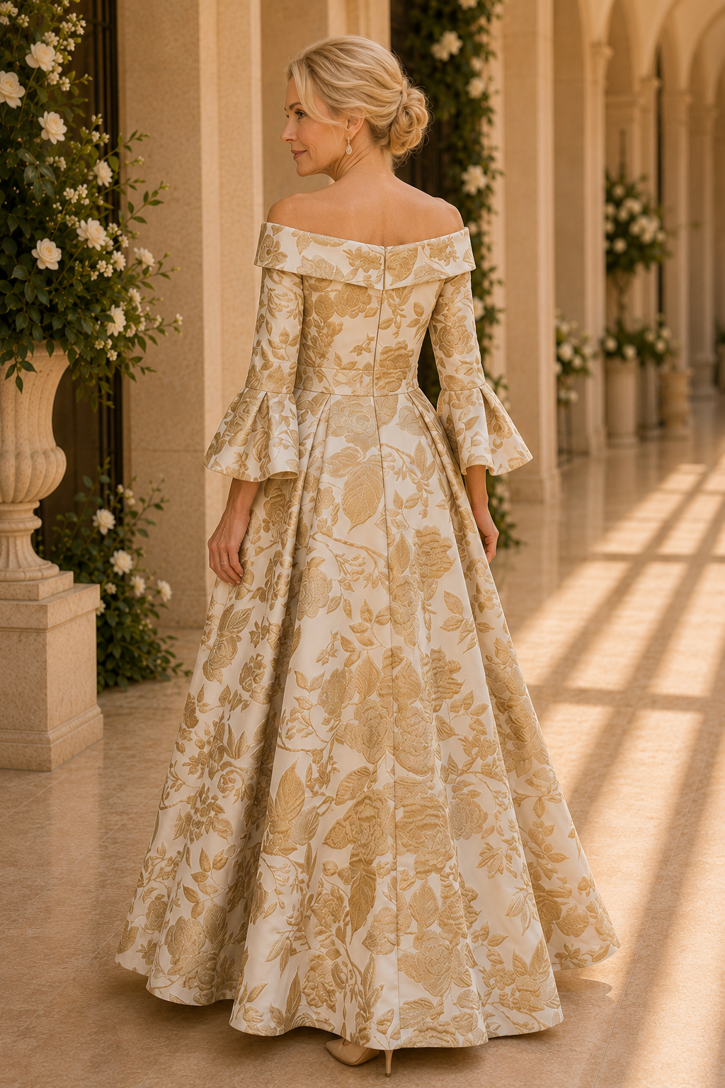 Off-the-Shoulder Brocade A-Line Evening Gown