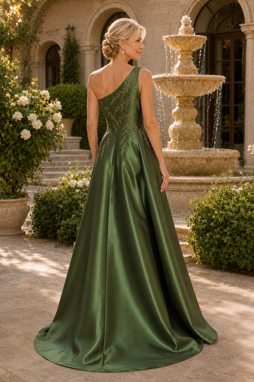 One-Shoulder Beaded Satin A-Line Evening Gown