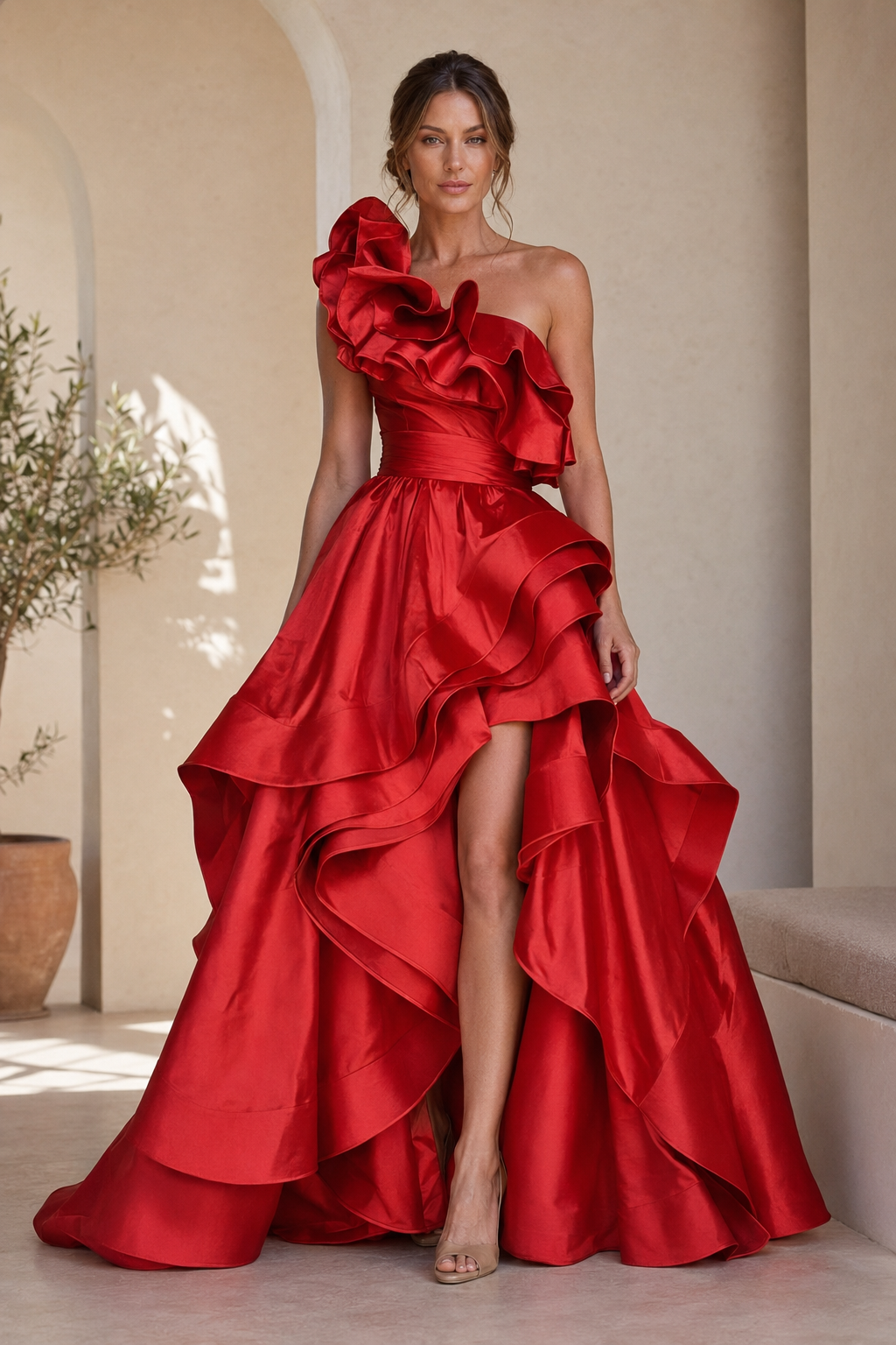 One-Shoulder Ruffled High-Slit Ball Gown
