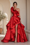 One-Shoulder Ruffled High-Slit Ball Gown