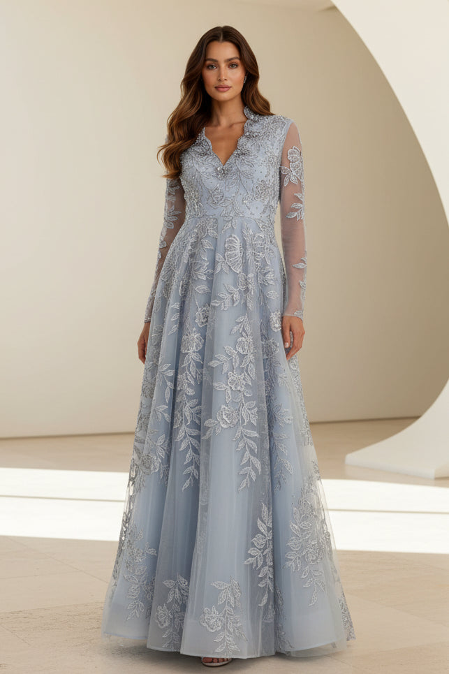 Embroidered Long Sleeve A-Line Evening Gown