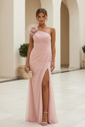One Shoulder Ruched Mesh Gown with High Slit