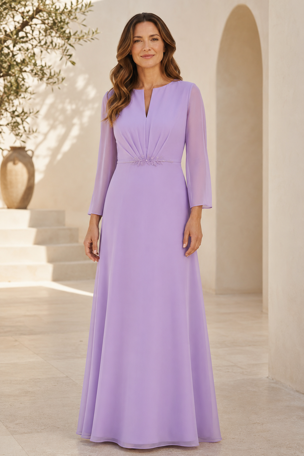 Pleated Chiffon A-Line Evening Gown with Sleeves