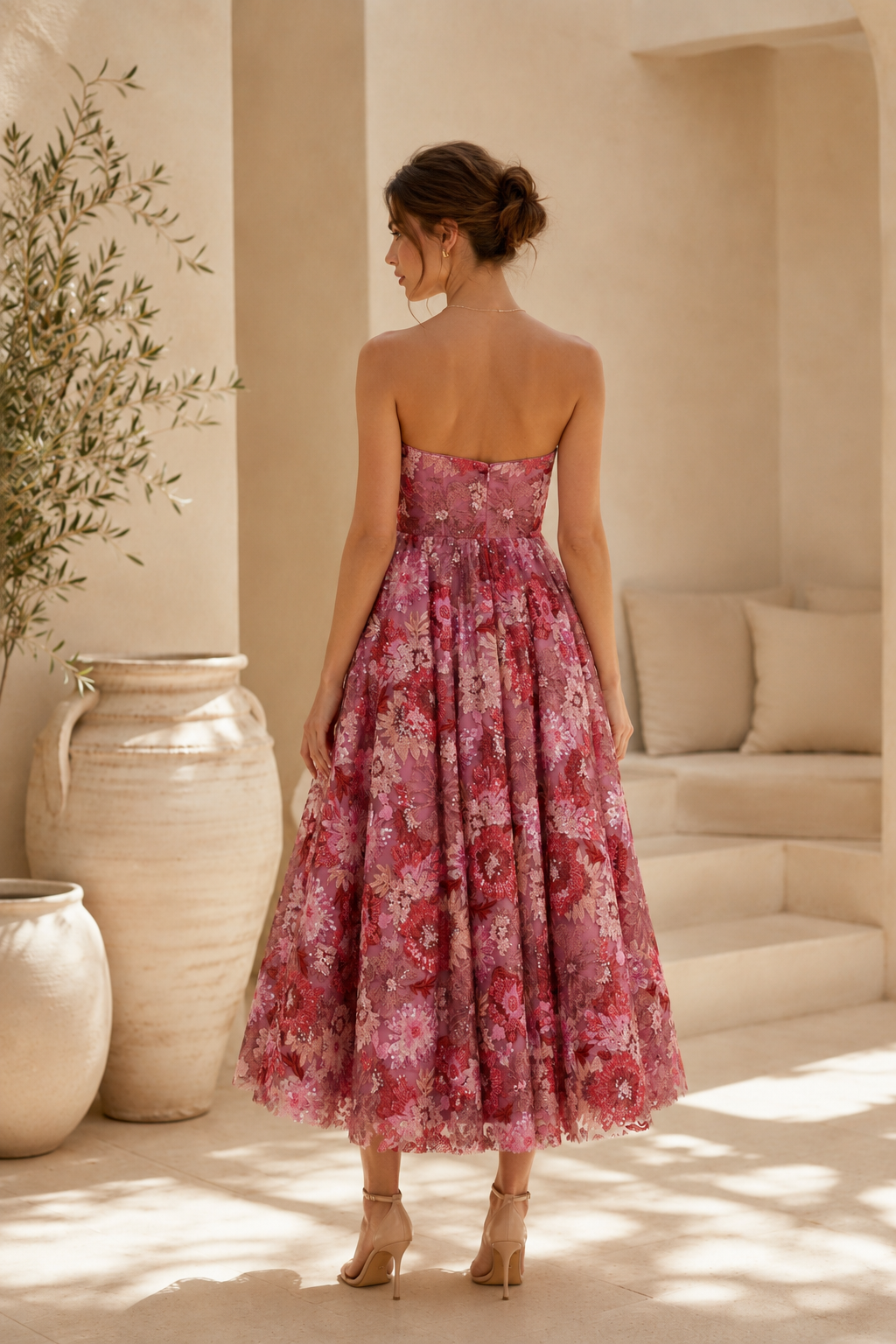 Strapless Floral Embroidered Tea-Length Dress
