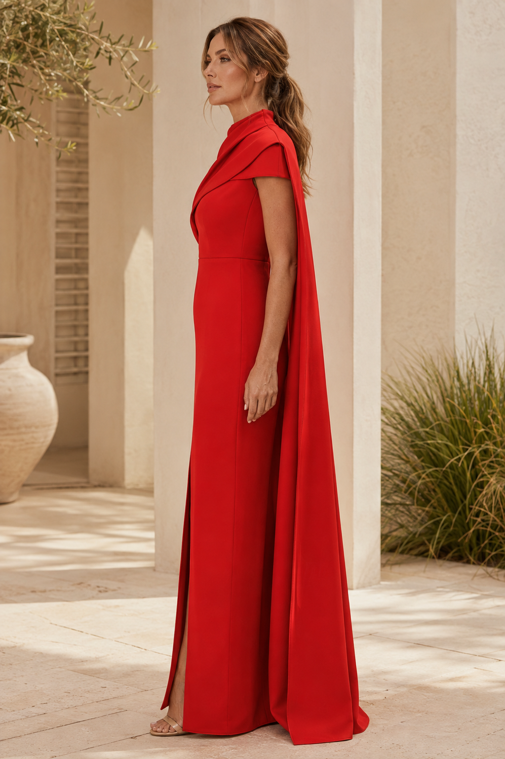 Asymmetrical Cape High Neck Column Evening Gown