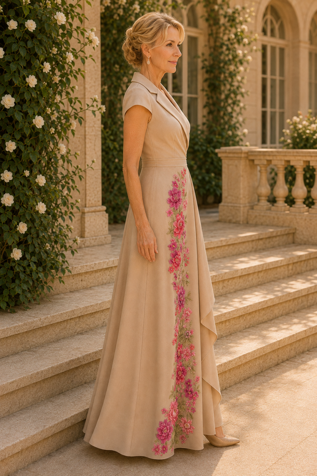 Floral Embroidered Lapel Wrap Gown with Cascading Drape