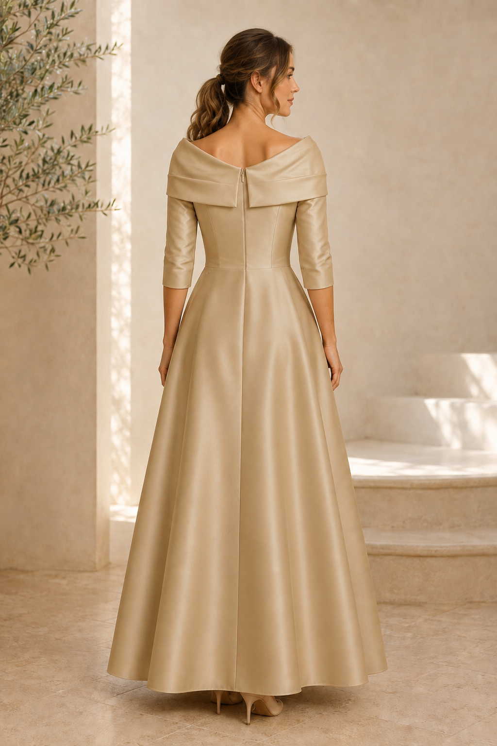 Off-Shoulder 3/4 Sleeve A-Line Gown with Applique