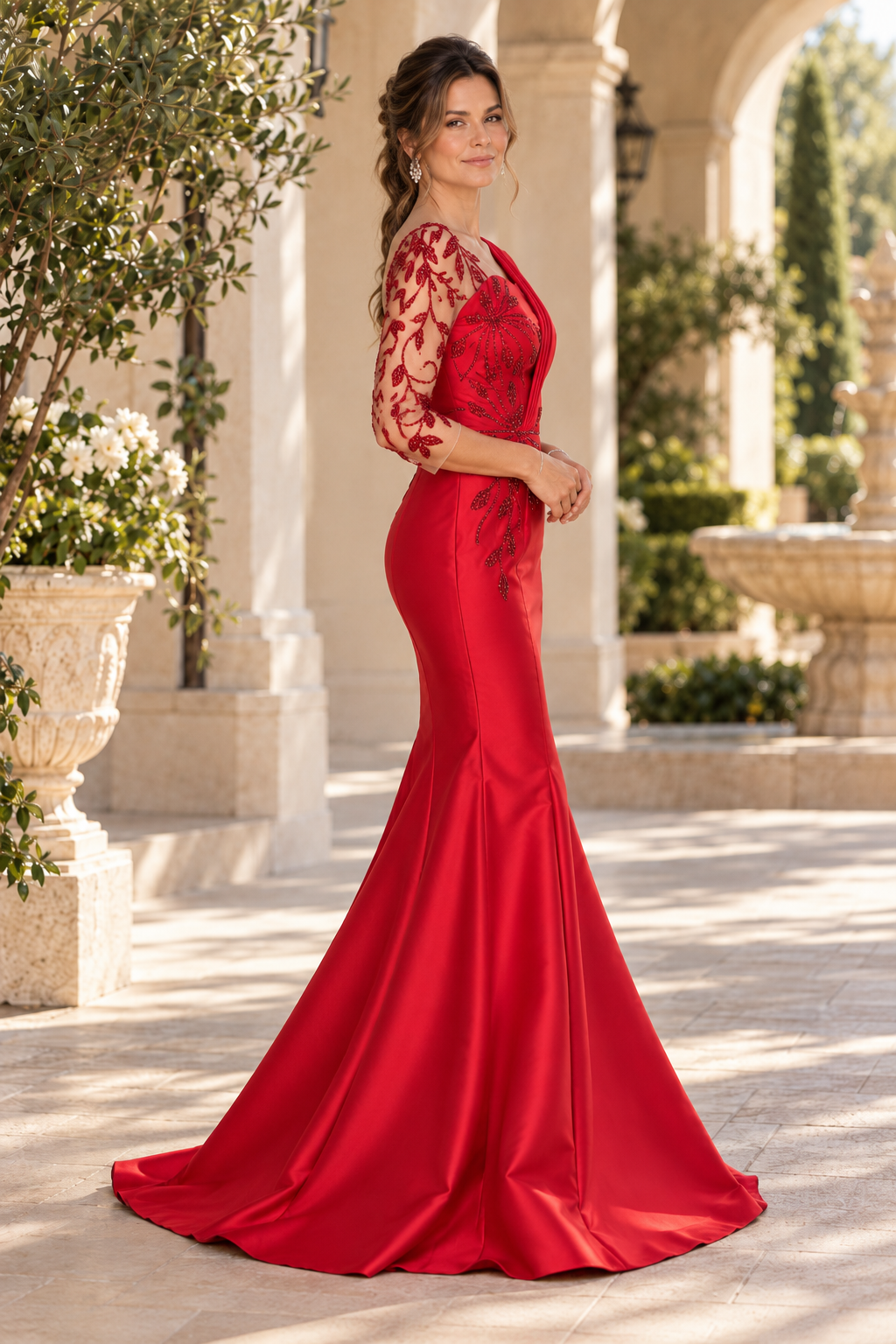 Asymmetrical Mermaid Gown with Beaded Sleeve