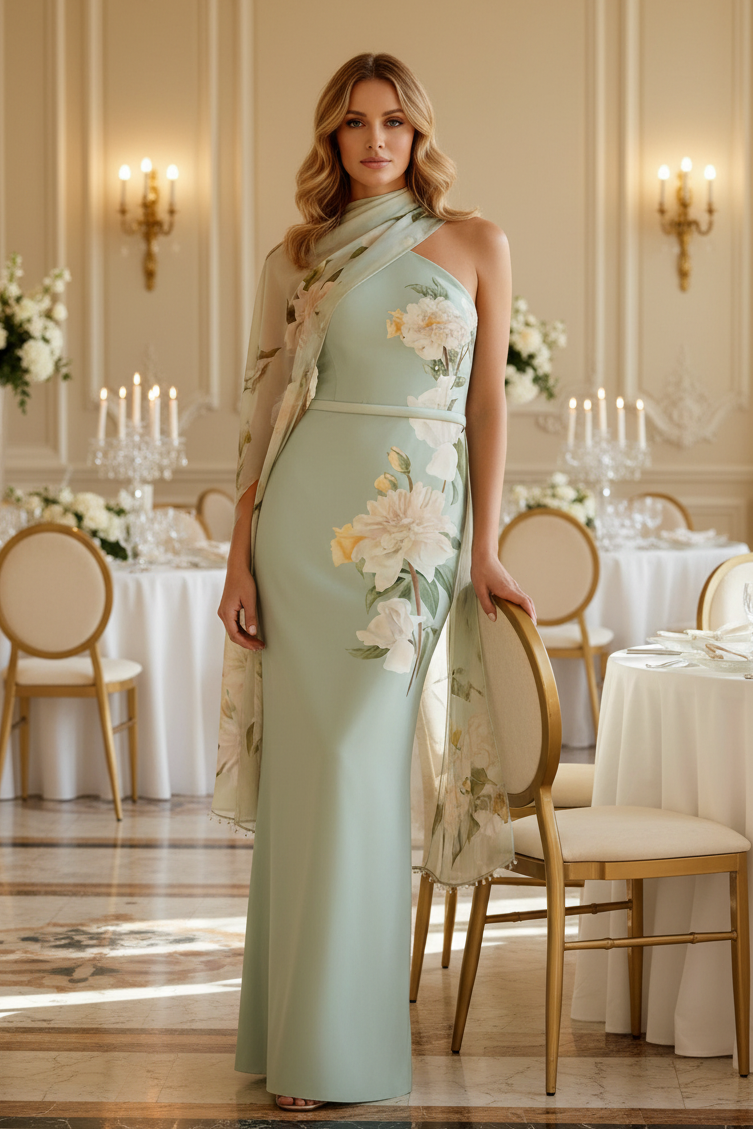 One-Shoulder Floral Cape Sheath Gown
