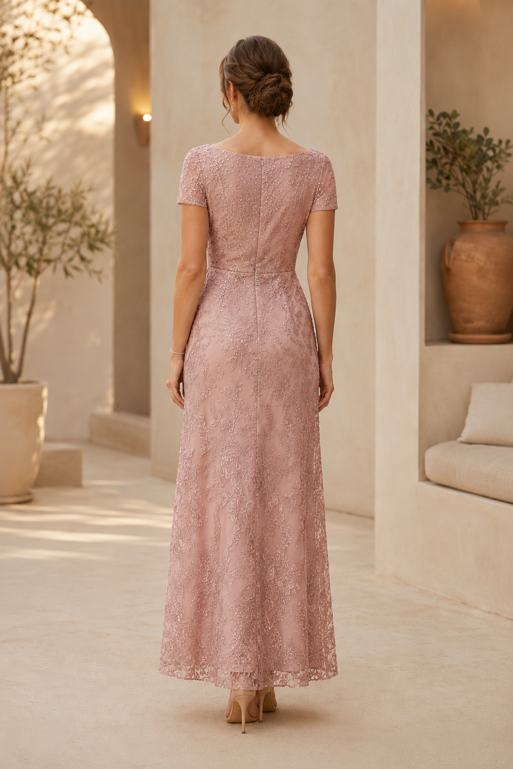 Bateau Neck Lace Mother of the Bride Dress