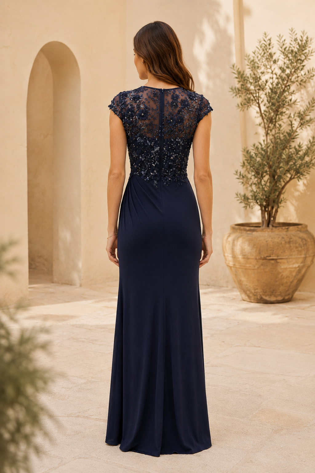 Illusion Lace Cap Sleeve Sequin Evening Gown