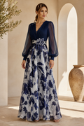 V-Neck Floral Print A-Line Evening Gown