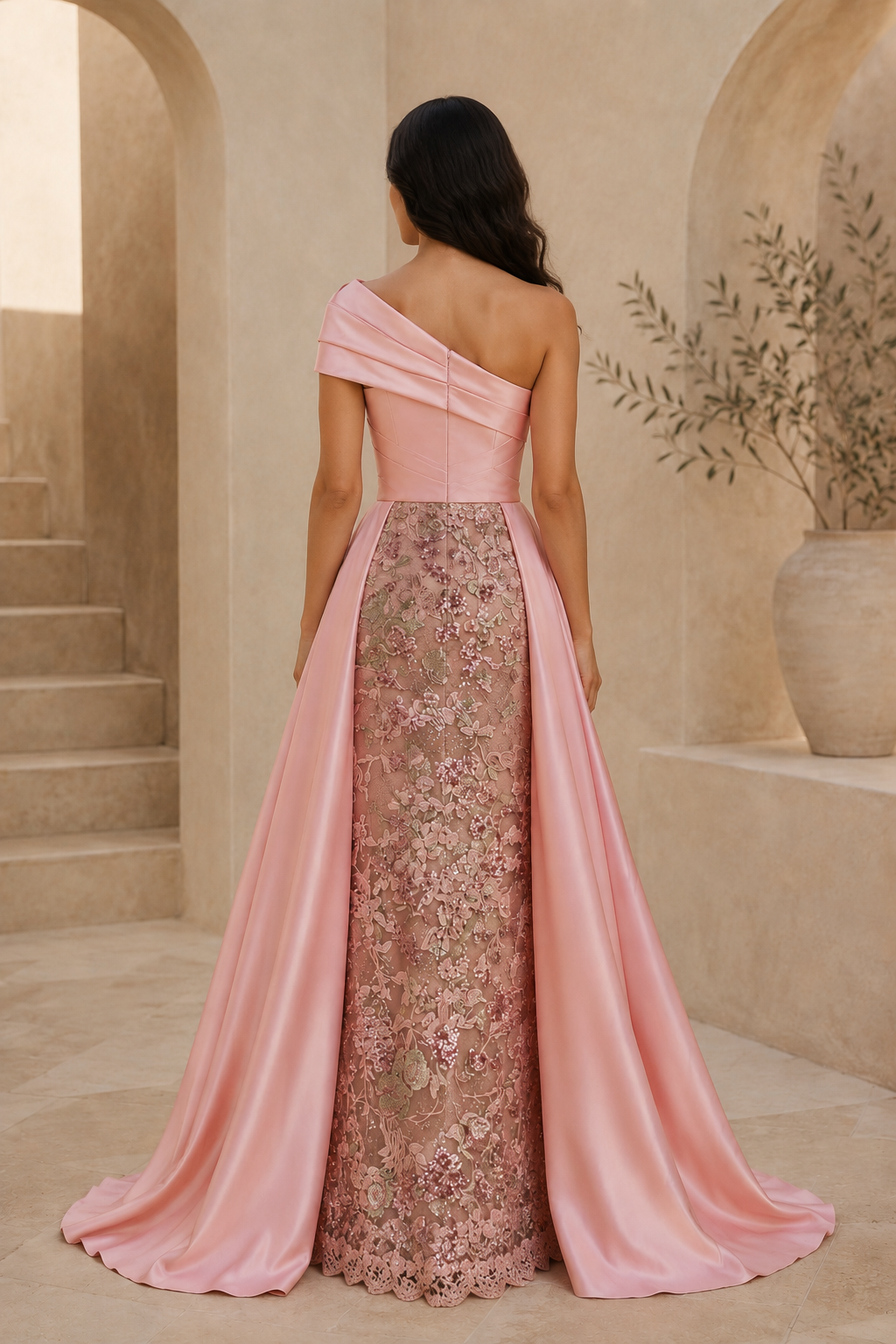 One Shoulder Floral Sequin Gown with Satin Overskirt