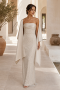 Strapless Sequin Column Gown with Satin Shawl Wrap