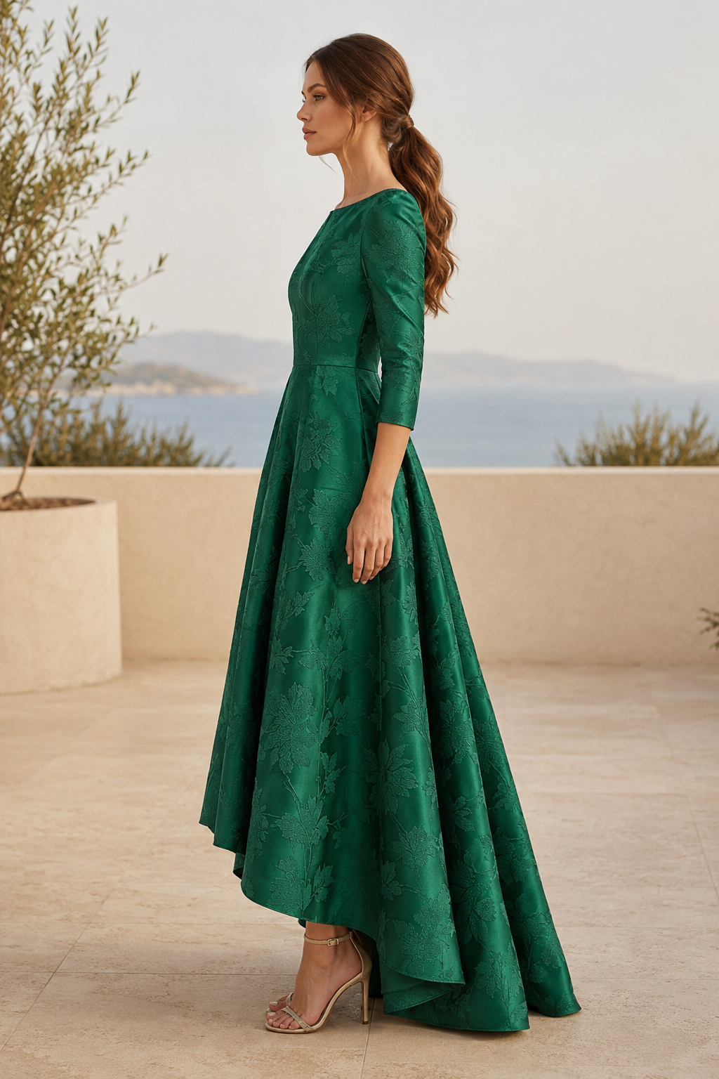 Floral Jacquard High-Low A-Line Gown with Pockets