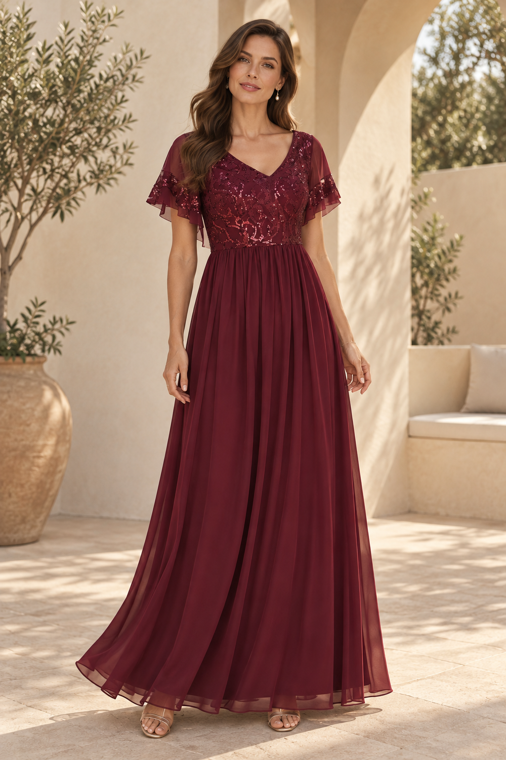 Sequin V-Neck Flutter Sleeve A-Line Maxi Dress