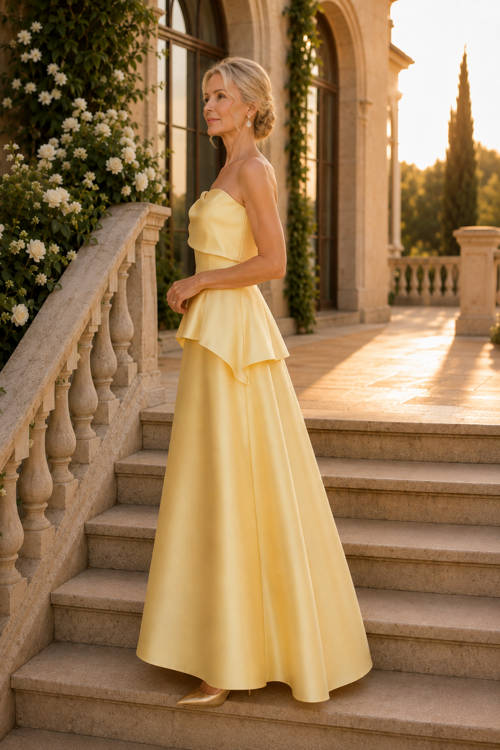 Strapless Peplum A-Line Evening Gown