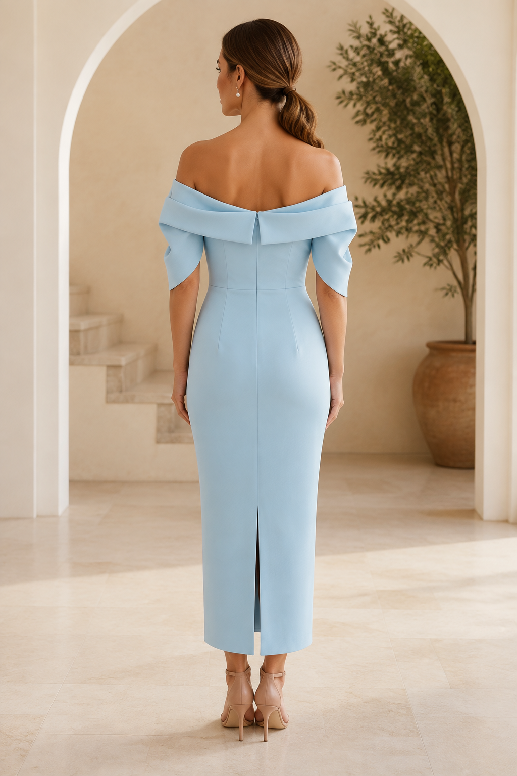 Off-the-Shoulder Pleated Sheath Dress with V-Back