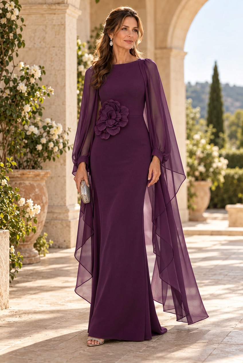 Chiffon Cape Sleeve Evening Gown with 3D Flower