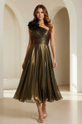 Pleated Metallic One-Shoulder Midi Dress