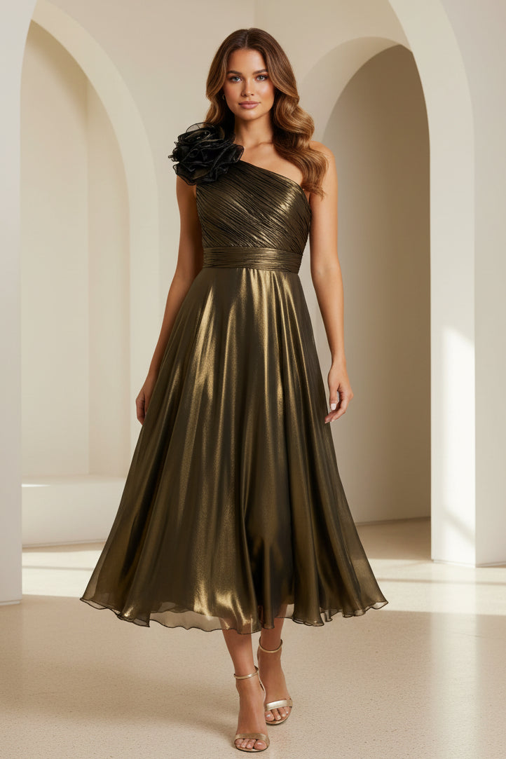 Pleated Metallic One-Shoulder Midi Dress