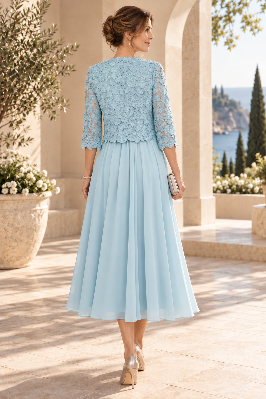 Pleated Tea-Length Dress with Lace Jacket