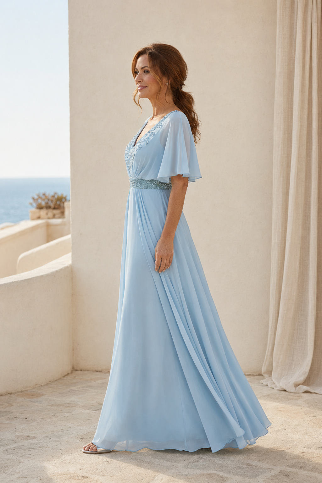 Beaded V-Neck Chiffon Gown with Flutter Sleeves