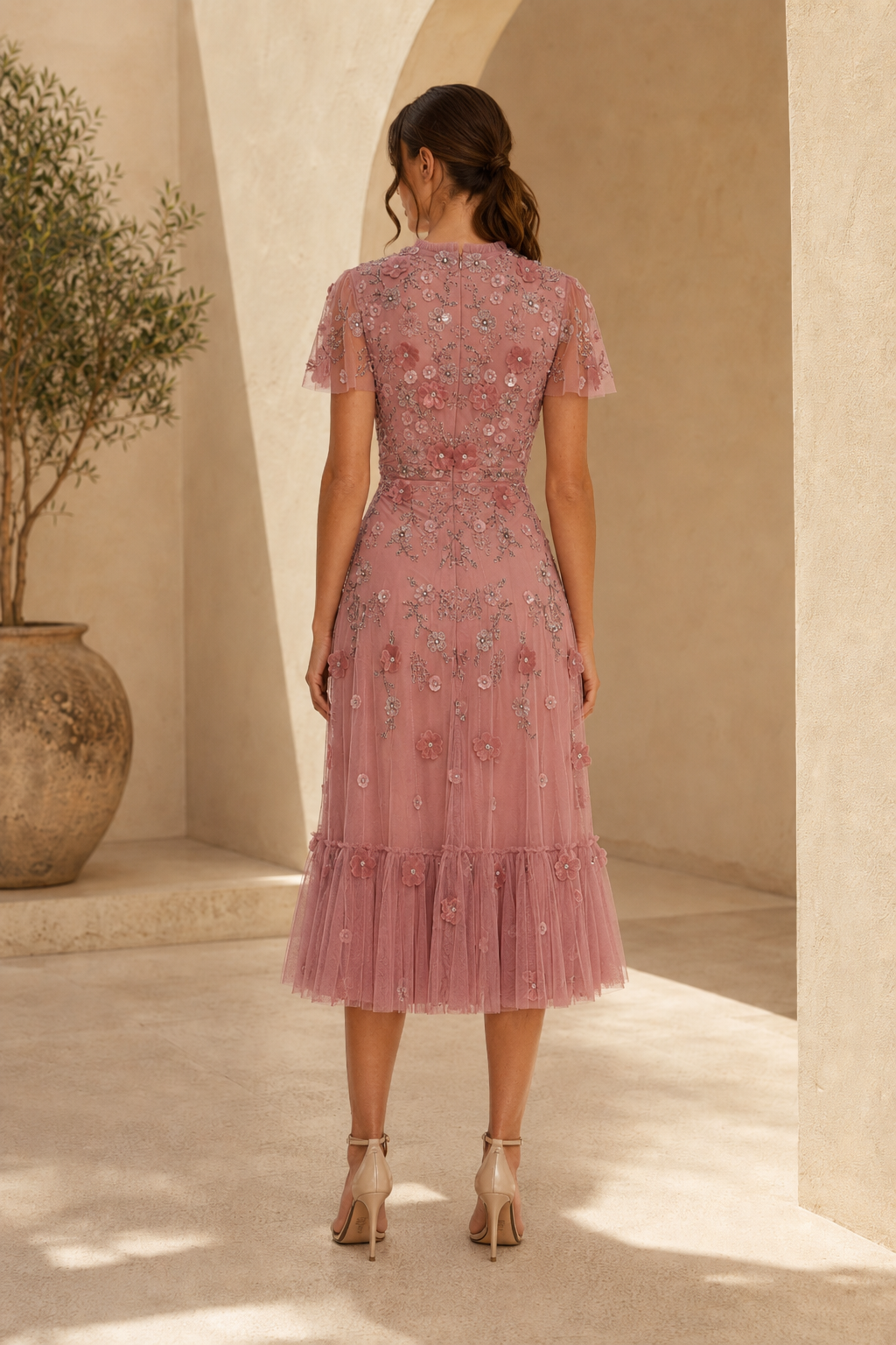 Floral Embroidered Tulle Midi Dress with Flutter Sleeves