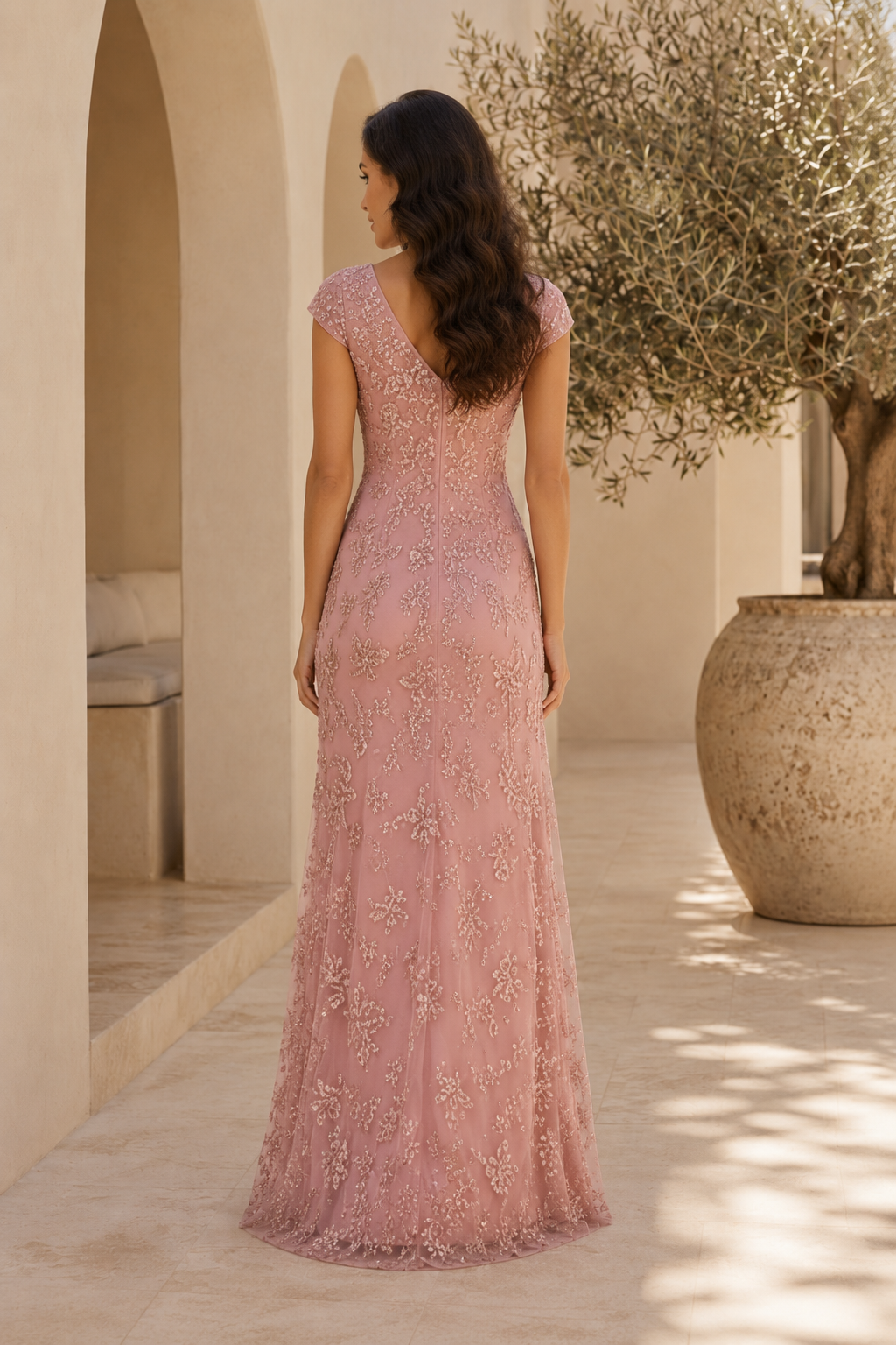 V-Neck Embroidered Cap Sleeve Evening Gown