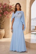 Lace Bodice Chiffon Gown with Asymmetrical Cape