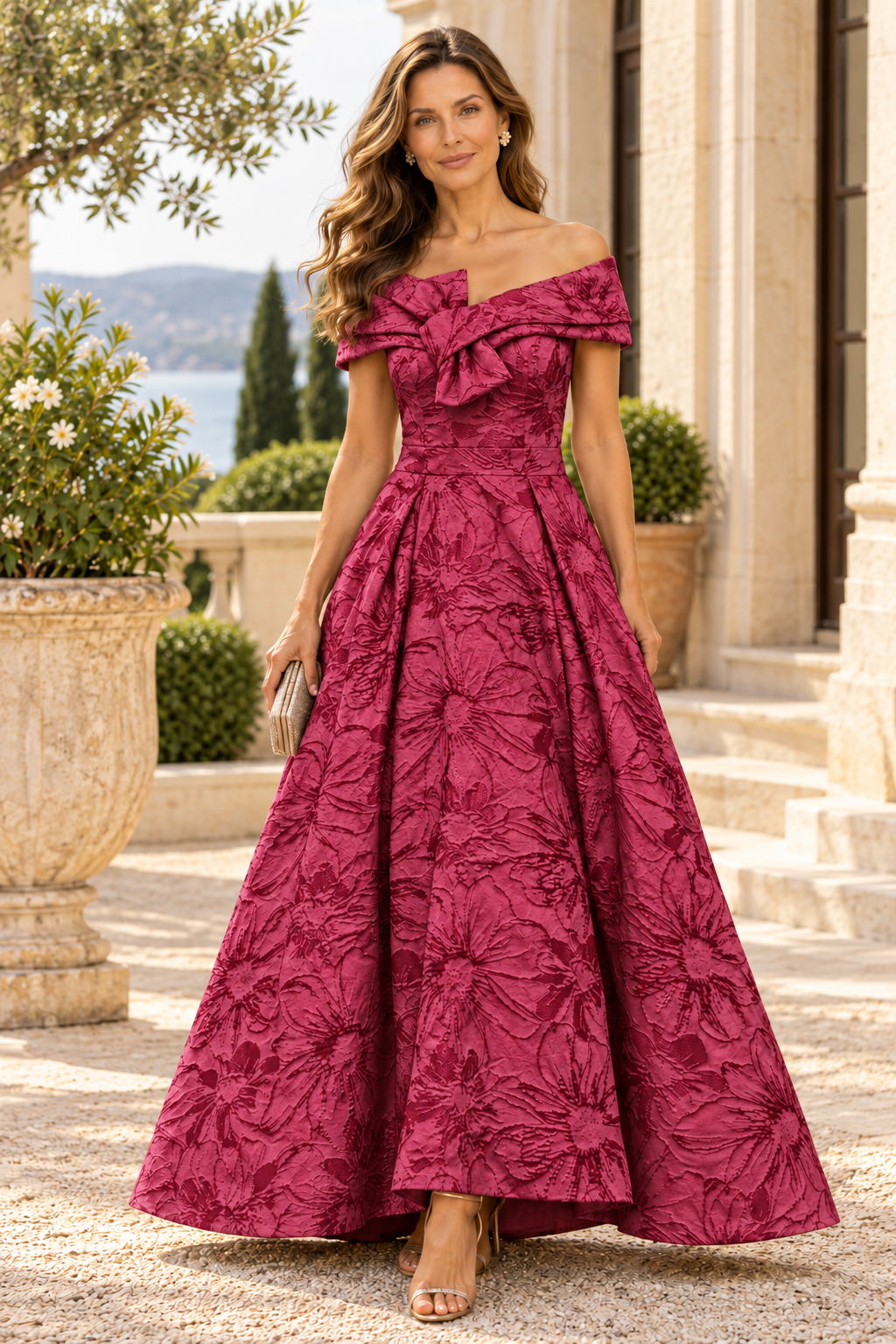 Off-the-Shoulder Jacquard Ball Gown with Bow