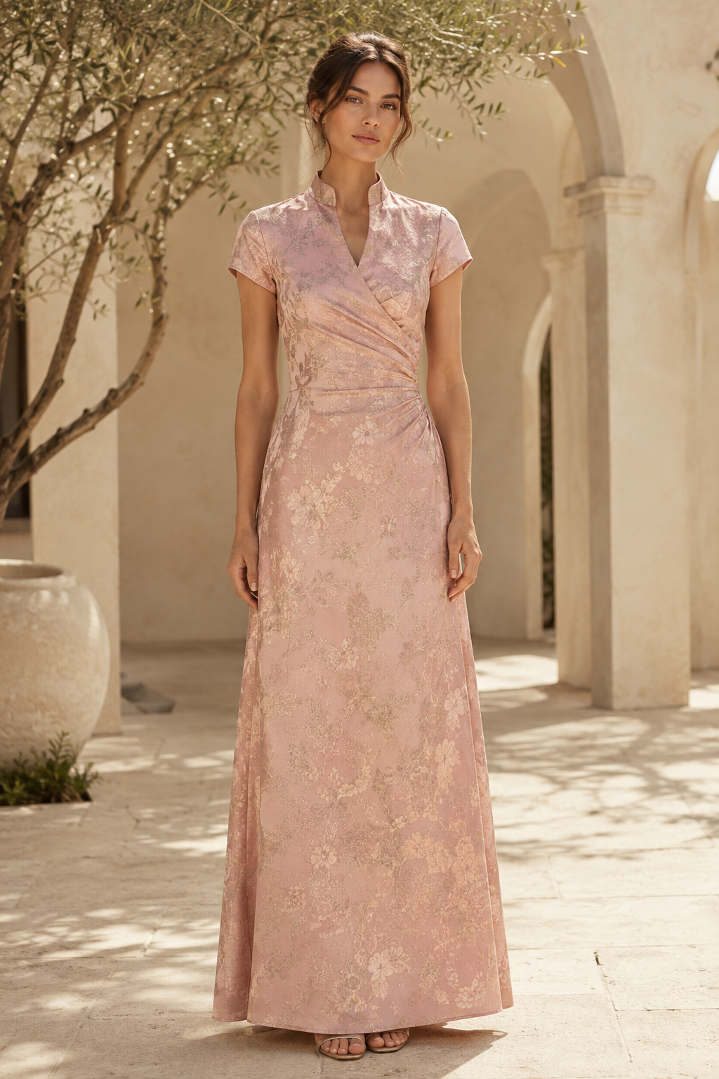 Floral Jacquard Mandarin Collar Evening Gown