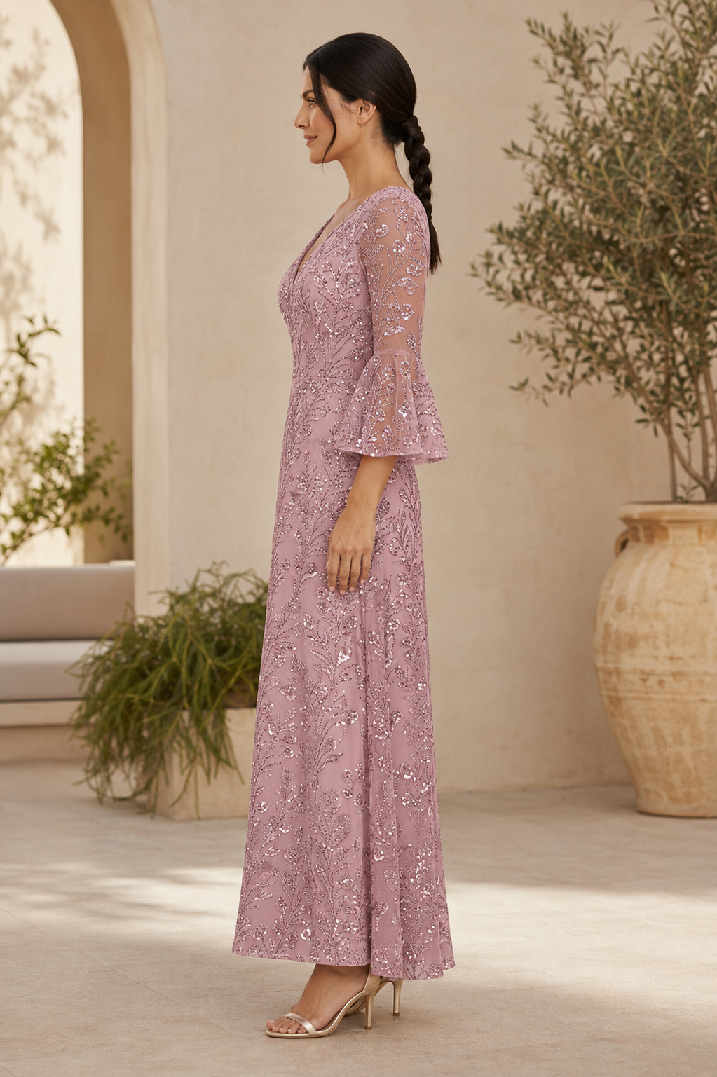 Sequin Embroidered A-Line Gown with Bell Sleeves