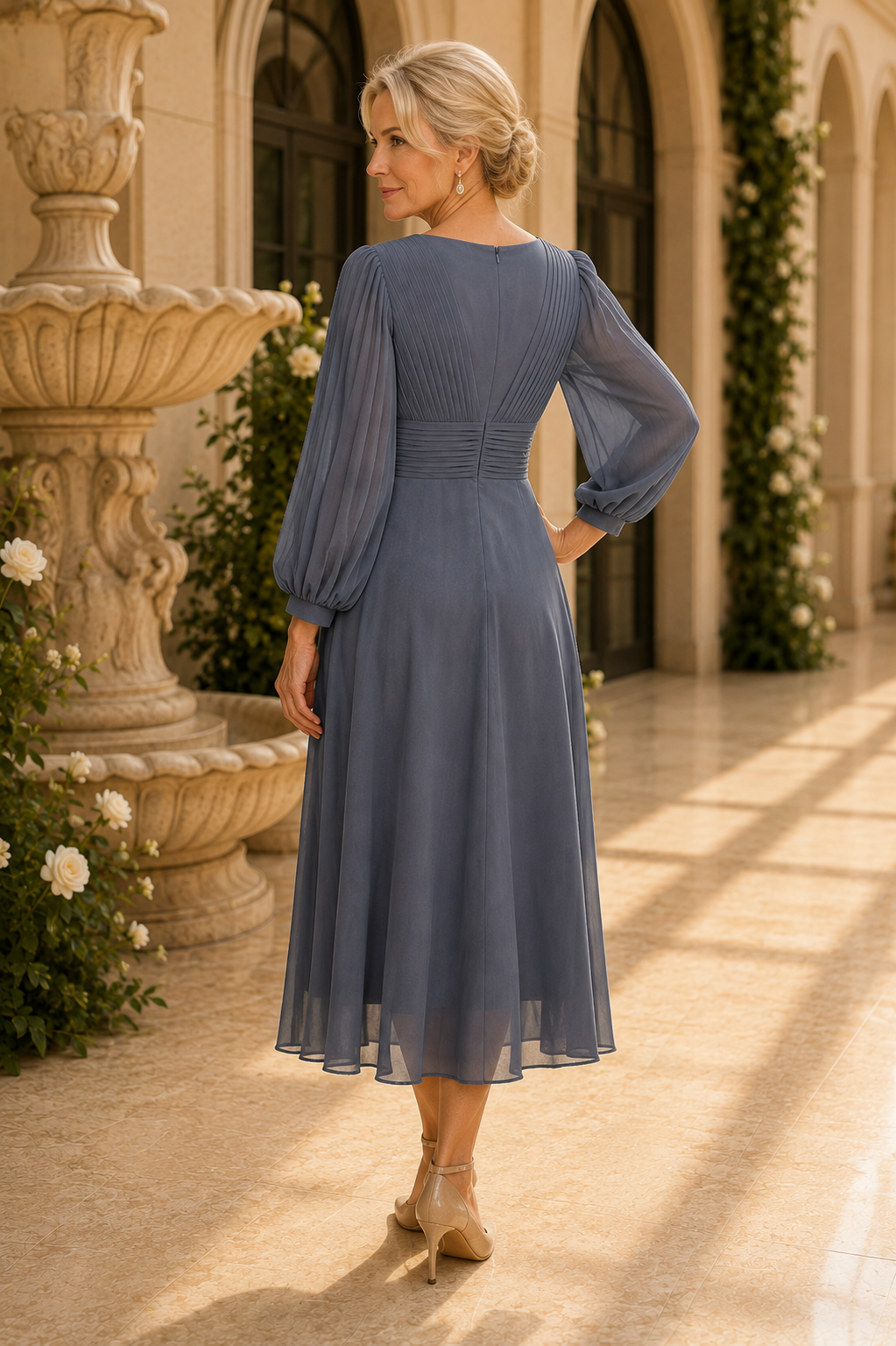 Pleated Chiffon V-Neck Midi Dress with Long Sleeves