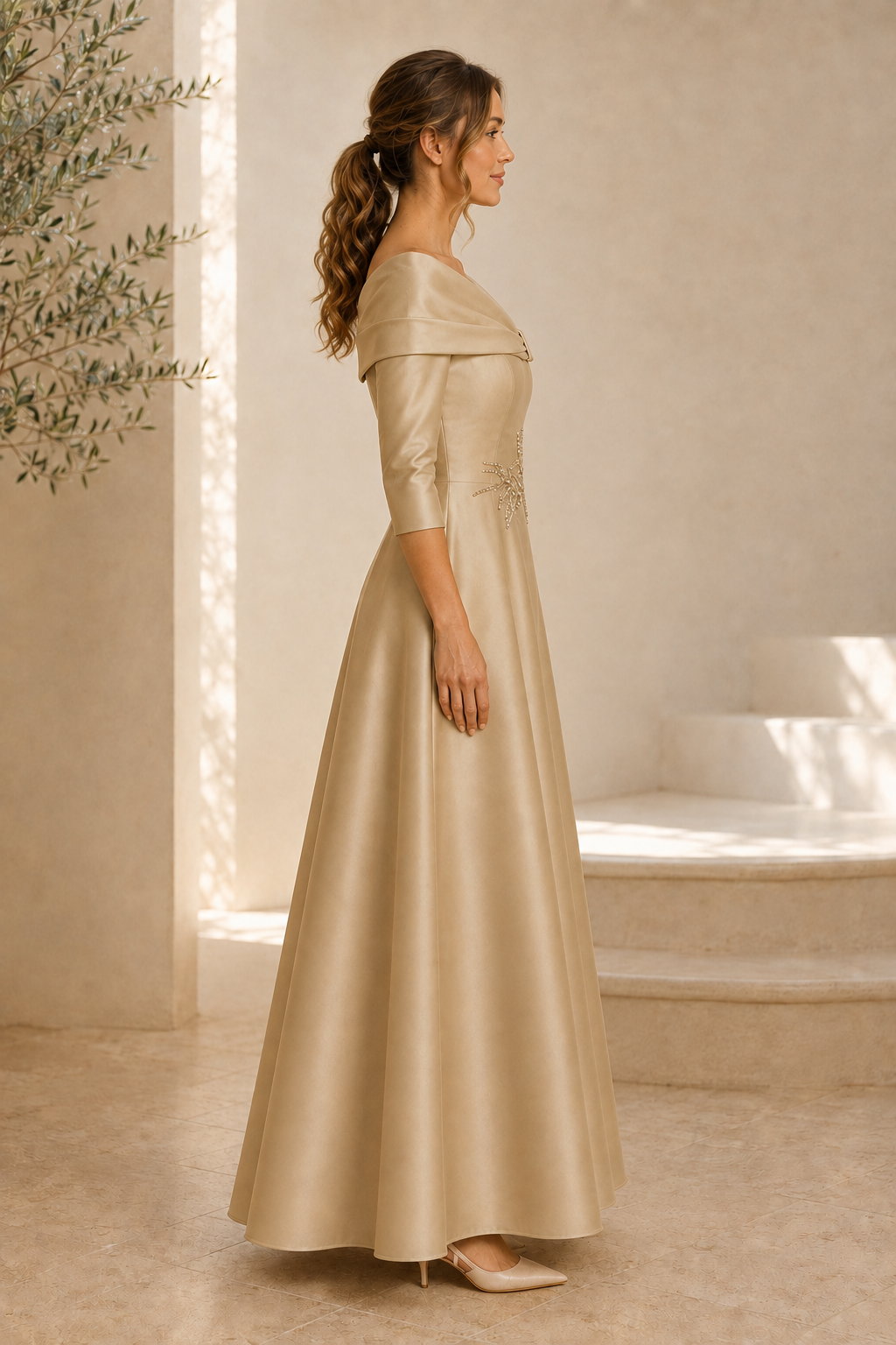 Off-Shoulder 3/4 Sleeve A-Line Gown with Applique