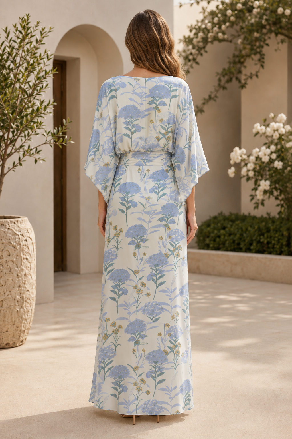 Floral Kimono Sleeve Maxi Dress with Ruched Waist