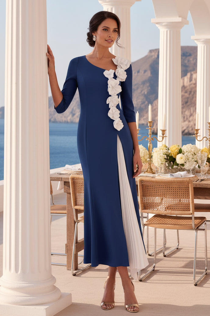 3/4 Sleeve 3D Floral Asymmetrical Tea-Length Dress