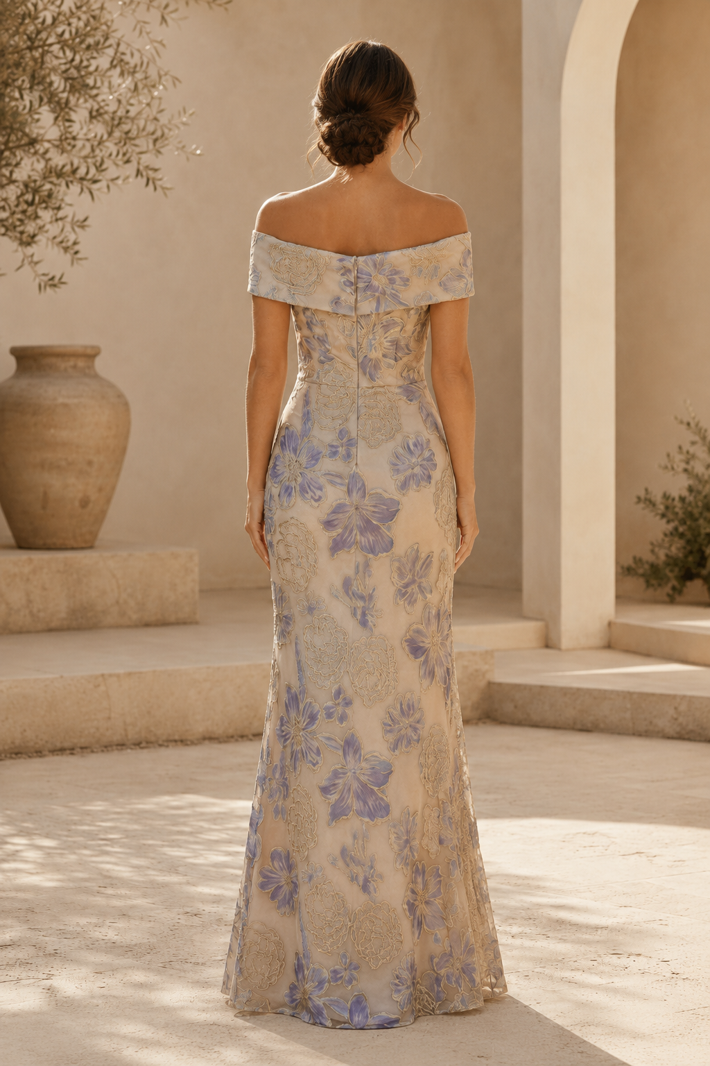 Off-the-Shoulder Pleated Floral Trumpet Gown