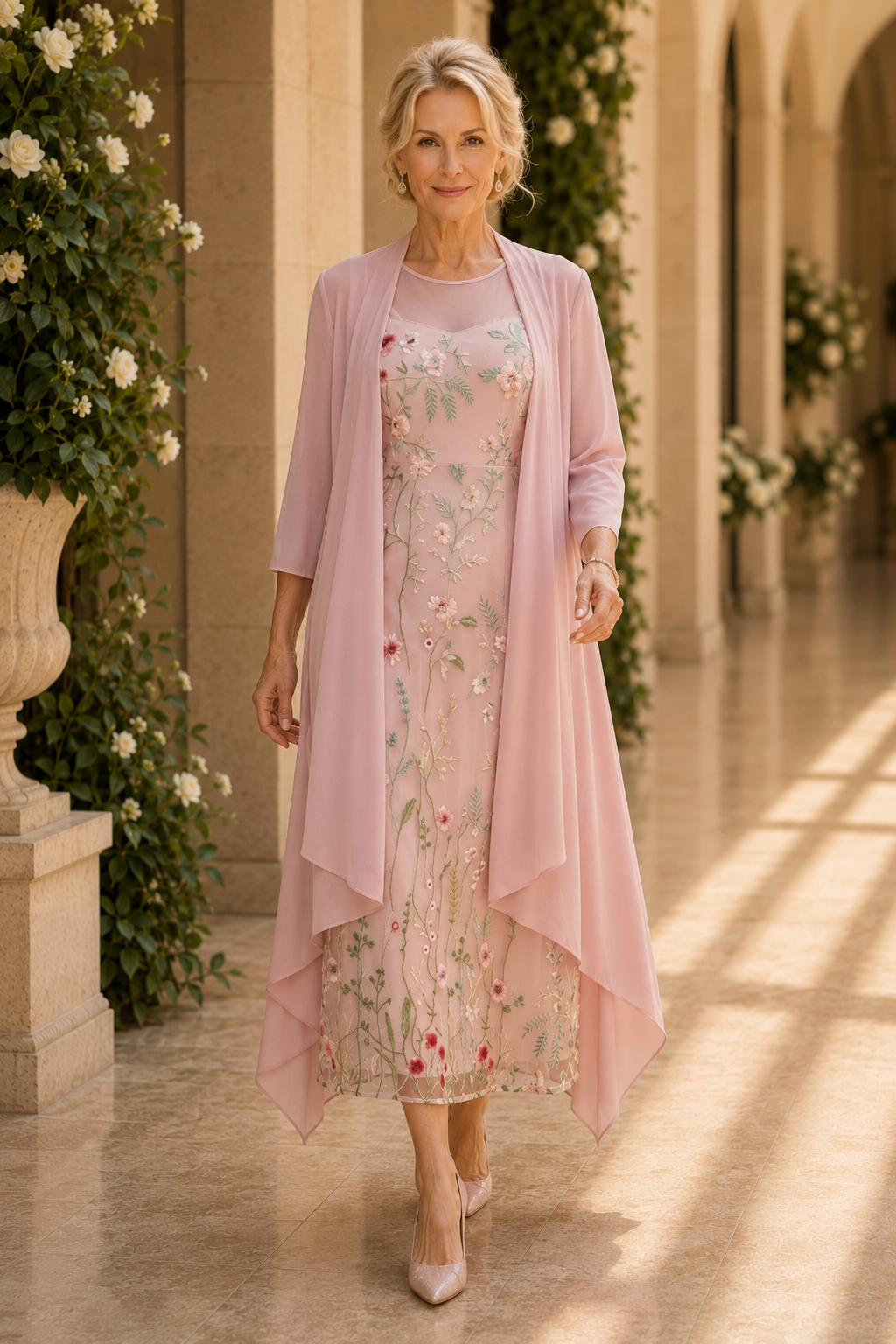 Floral Embroidered Midi Dress with Duster Jacket