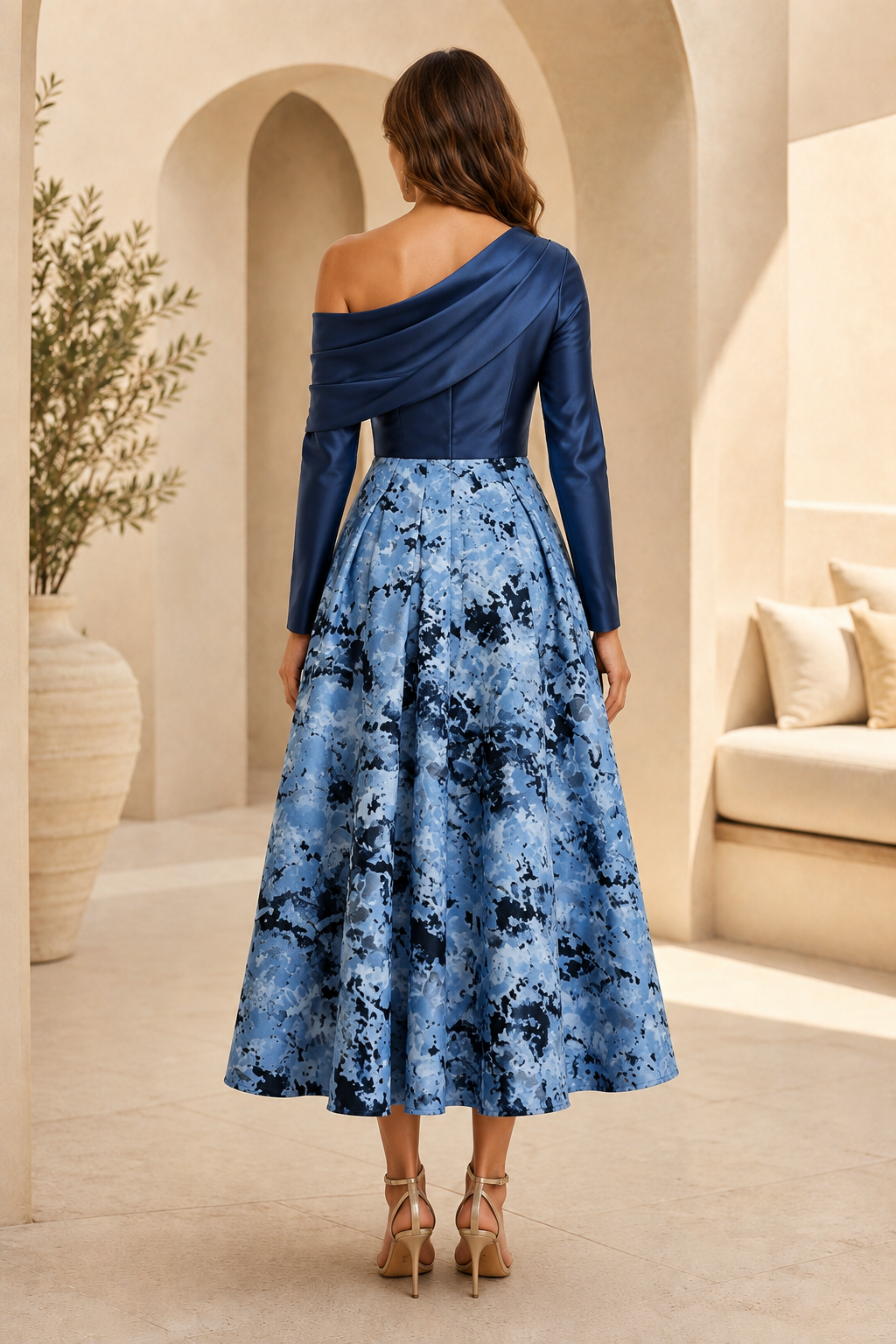 Asymmetrical One-Shoulder Long Sleeve Midi Dress