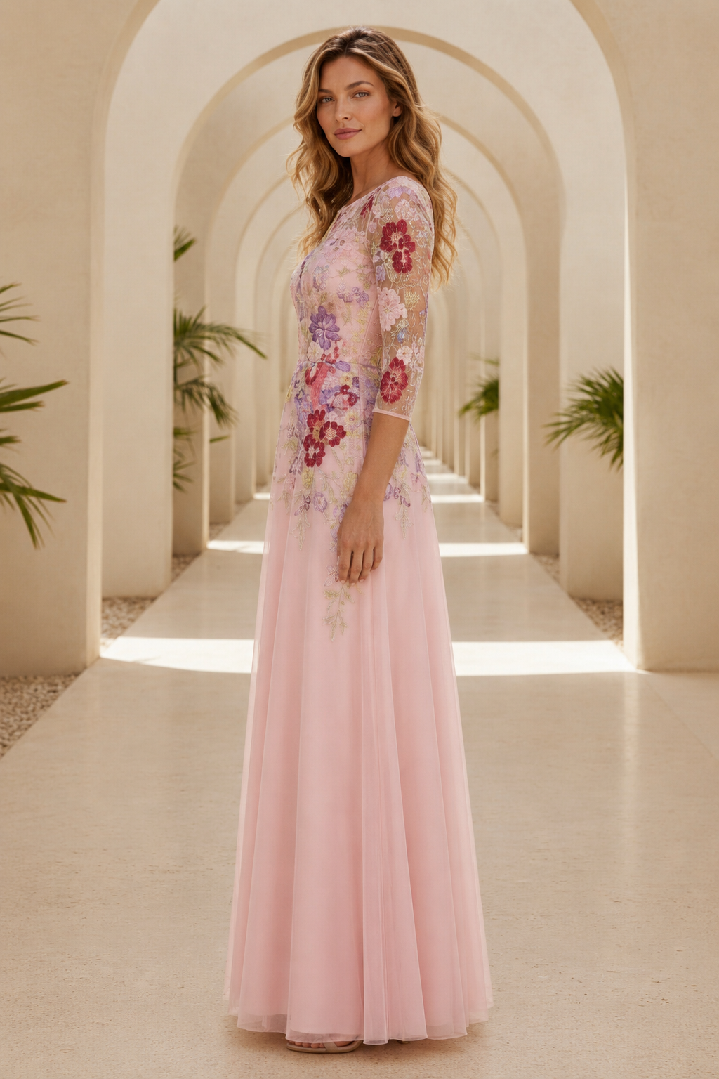 Floral Embroidered 3/4 Sleeve Tulle A-Line Gown