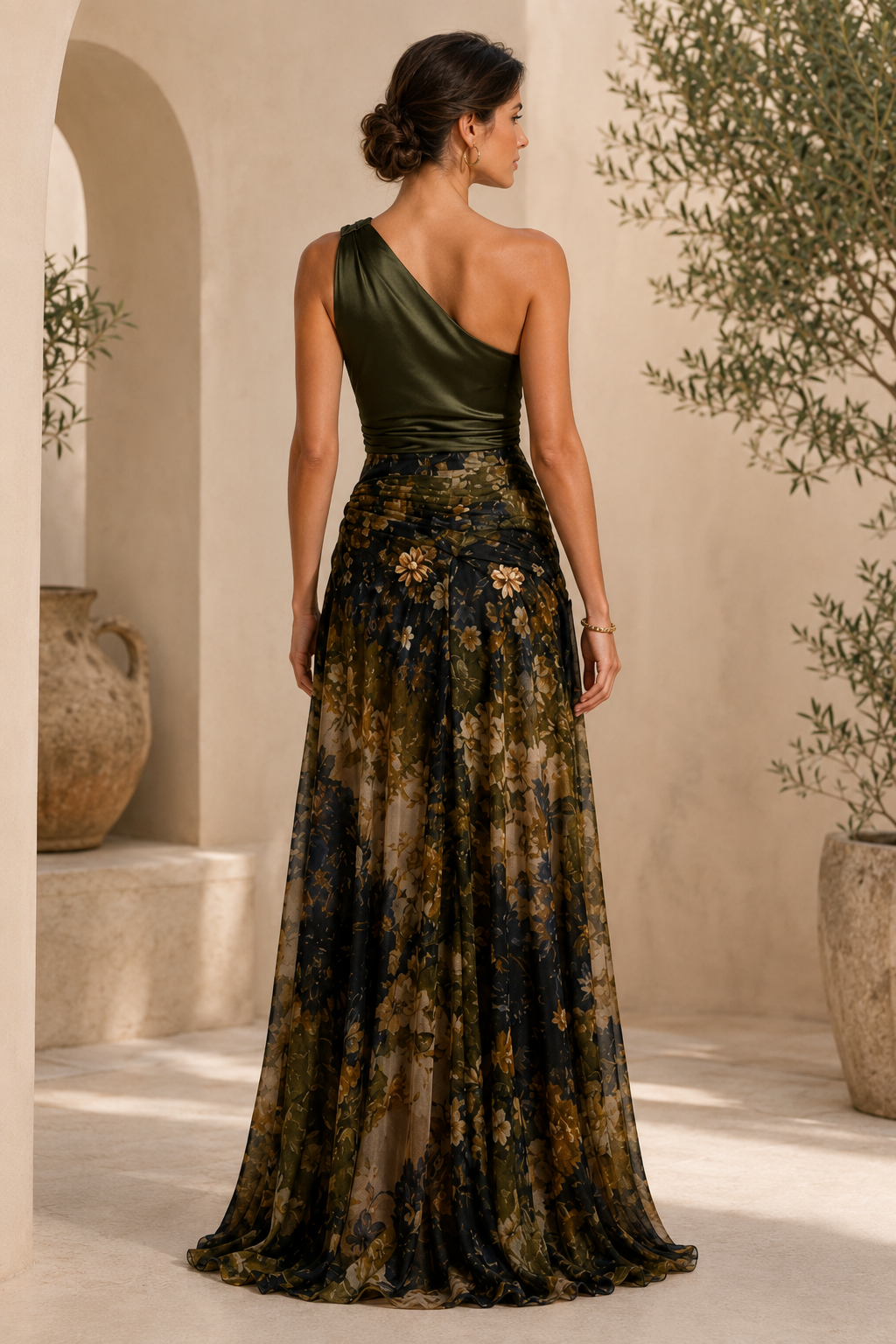 One-Shoulder Draped Floral Evening Gown