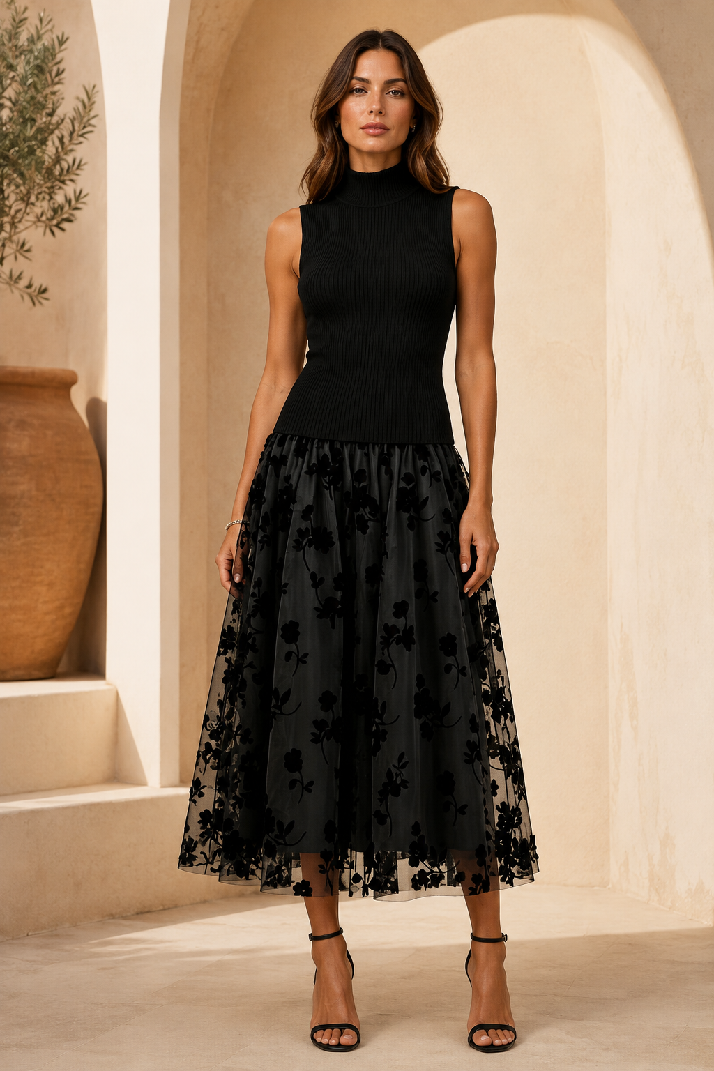 Ribbed Knit High Neck Midi Dress with Tulle Skirt