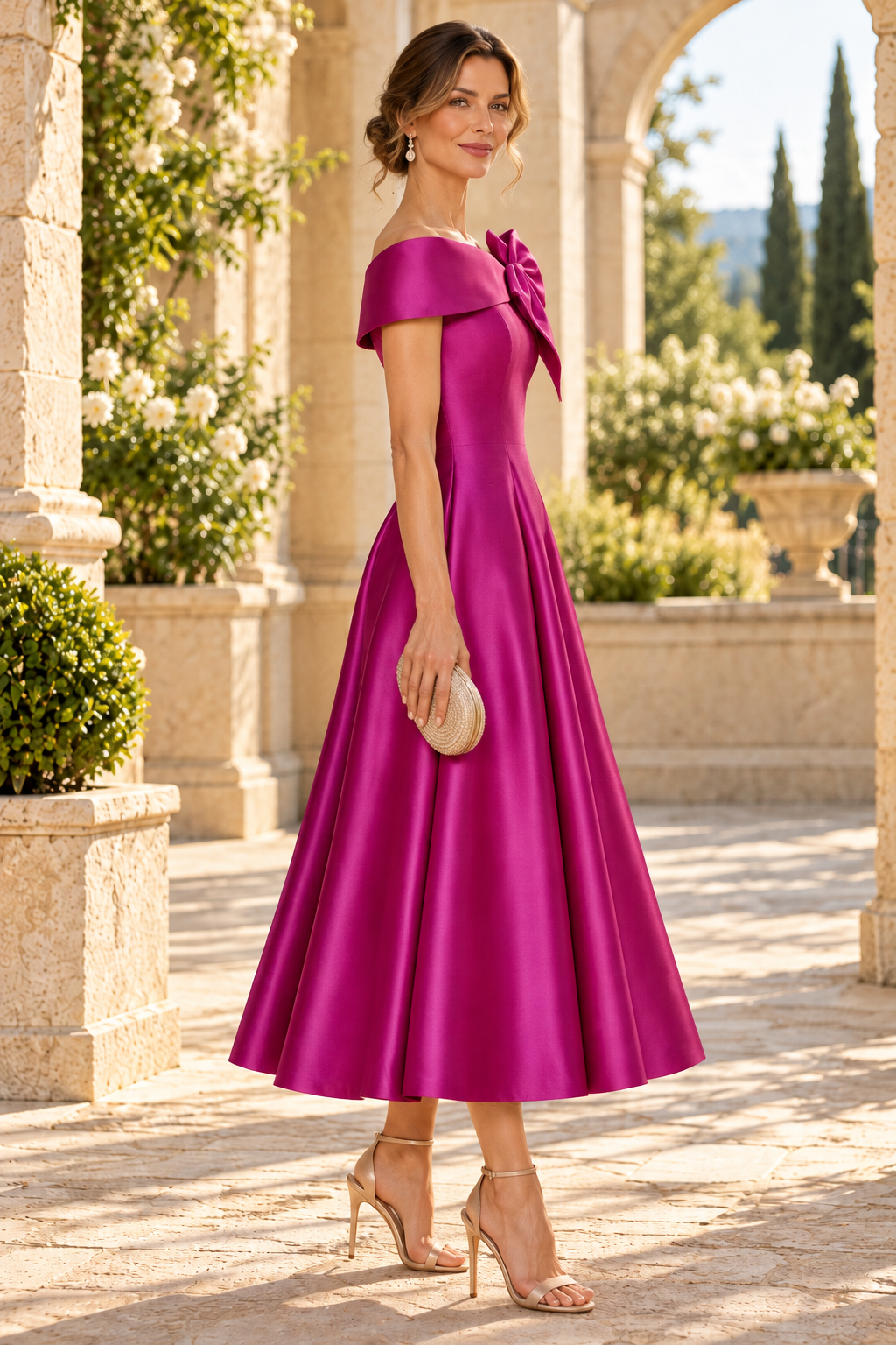 Off-the-Shoulder Bow A-Line Tea-Length Dress
