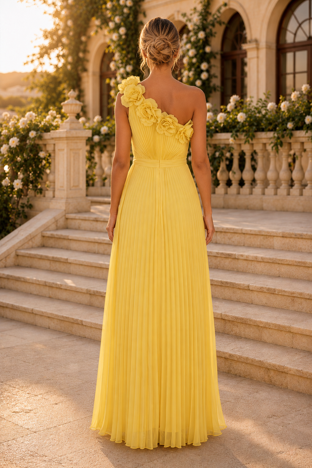 One-Shoulder Blumen-Plissee-A-Linien-Kleid