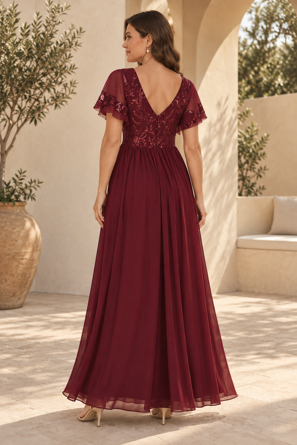 Sequin V-Neck Flutter Sleeve A-Line Maxi Dress