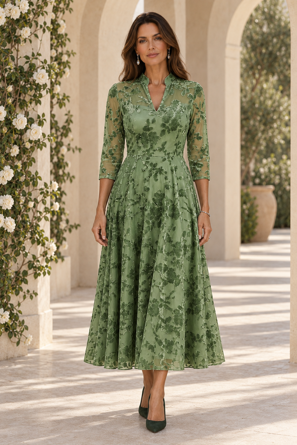 Floral Velvet 3/4 Sleeve A-Line Midi Dress