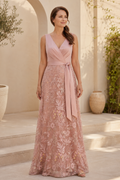 V-Neck Satin and Embroidered Lace A-Line Gown