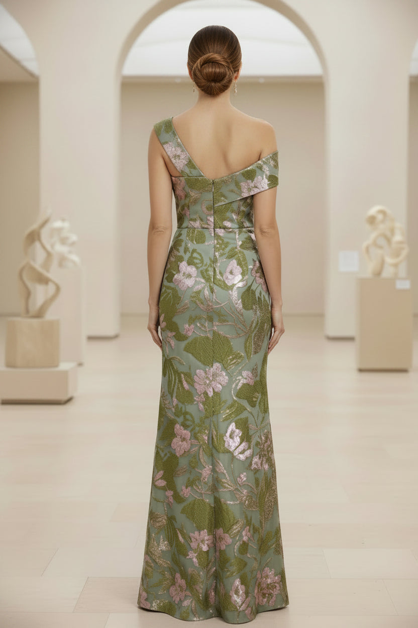 Floral Jacquard One-Shoulder Slit Evening Gown